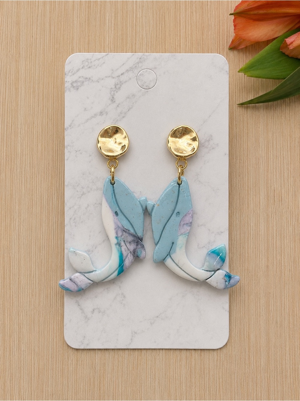 Gold-Top Blue Marble Whale Dangle Earrings Handmade